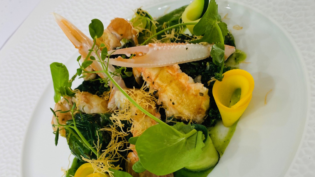 Entrée - Langoustine snakée, purée estragon gourgette et choux kales, sauce ricorée.jpeg Entrée - Langoustine snakée, purée estragon gourgette et choux kales, sauce ricorée.jpeg